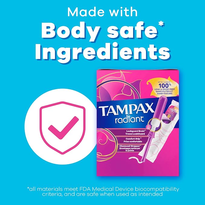 Tampax Radiant Tampons Multipack, with LeakGuard Braid, Regular/Super/Super Plus Absorbency, Up to 100% Leak and Odor Free Protection, Unscented, 77 Count