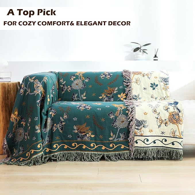 VANJOROY Boho 100% Organic Cotton Muslin Throw Blanket 50" x 60" - All Season Rustic Ultra Soft Breathable Floral Bird Blanket for Bed Sofa Couch Chair Bedspread Quilt Gift-Teal/Beige