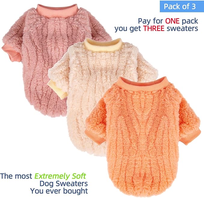 FabriCastle Dog Sweaters, 3-Pack Dog Clothes for Small Dogs Girl & Cats, Soft and Warm Pet Coats, Winter Pet Jacket, Doggy Apparel Costumes, Puppy Outfits (Ivory,Pink,Coral, Large)