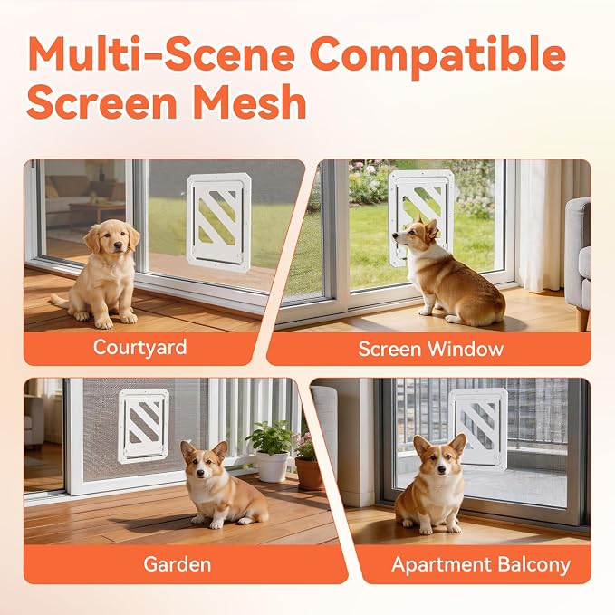LIBBEPET Dog Door for Screen Door with Lockable Flap for Dog ≤50 lbs, White | Outer Size 13"x17", Reinforced ABS Frame, Magnetic Auto-Reset Flap, Mosquito Resistant Brush, Scratch Resistant