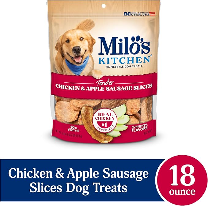 Milo's Kitchen Chicken & Apple Sausage Slices Dog Treats, 18 Oz. Bag (Pack of 4)