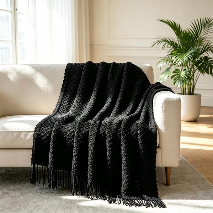 CREVENT Farmhouse Boho Knitted Throw Blanket for Couch Sofa Chair Bed Home Decoration, Soft Warm Cozy Light Weight for Spring Summer Fall (50''X60'' Black)