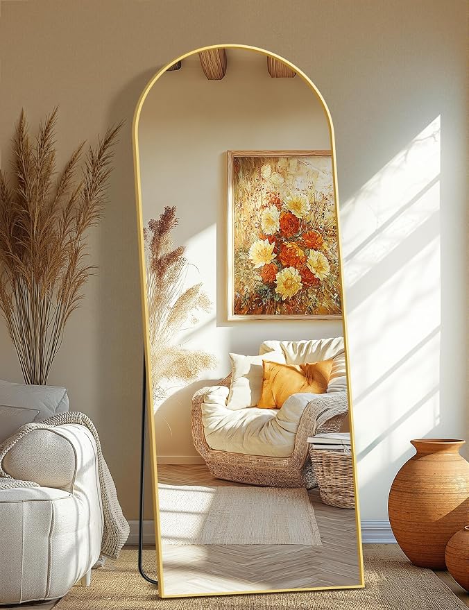 Arched Full Length Mirror, 70"x24" Standing Body Mirror for Wall, Gold | Built-in Stand, HD Shatterproof Glass, Aluminum Alloy Frame, Hanging or Standing, for Bedroom, Living Room & Dressing Room