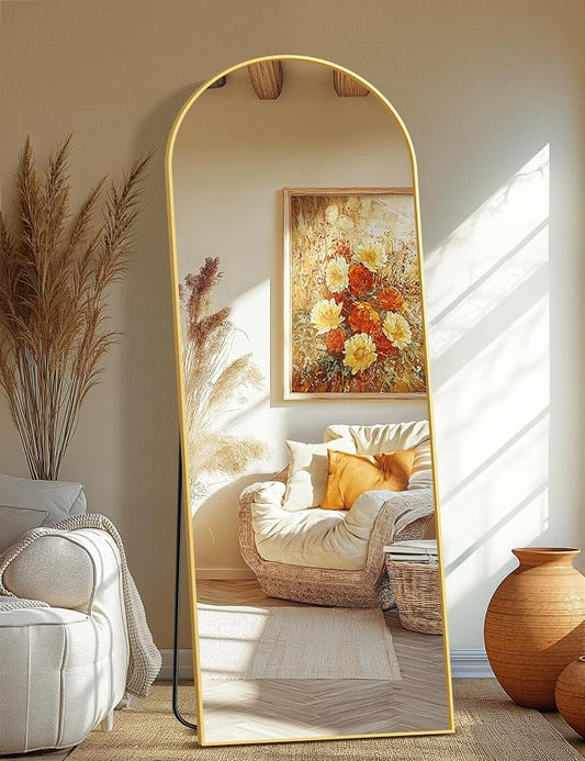 Arched Full Length Mirror, 70"x24" Standing Body Mirror for Wall, Gold | Built-in Stand, HD Shatterproof Glass, Aluminum Alloy Frame, Hanging or Standing, for Bedroom, Living Room & Dressing Room