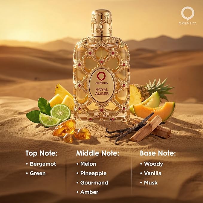 Orientica Luxury Collection Royal Amber Eau De Parfum 2.7oz / 80ml - Bergamot, Melon, Pineapple, Fruity, Gourmand, Amber, Woody, Vanilla, Musk - Arabic Perfume for Women & Men