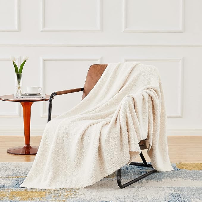 Super Soft Knit Throw Blanket Twin Size Cream White-Lightweight Plush Fuzzy Fluffy Warm Cozy Blankets and Throws for Sofa Bed All Season Use