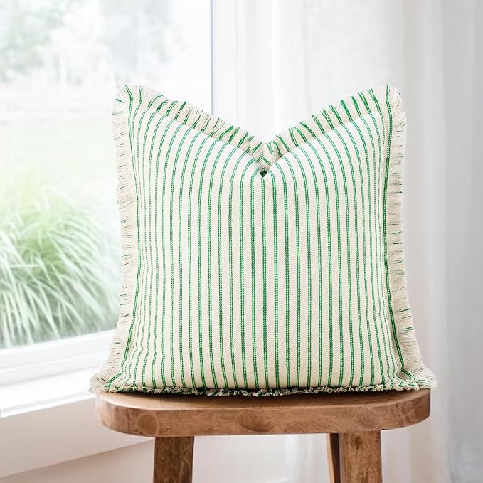 Throw Pillow Covers 26x26 Set of 2 Green Striped Pillow Covers with Fringe Chic Cotton Decorative Pillows Square Cushion Covers for Sofa Couch Bed Living Room Farmhouse Spring Decor