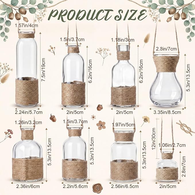 8 Pcs Hanging Glass Vases Clear Hanging Propagation Vases with Jute Rope Glass Terrariums Planters, Handcrafted Assorted Shapes, Suitable for Dried Flowers, Vintage Rustic Home Graden Decor