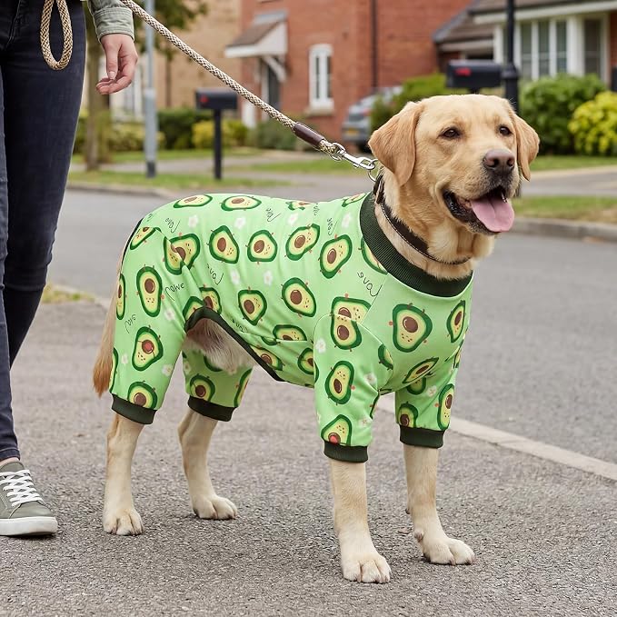XPUDAC 2 Pack Dog Pajamas for Large Breeds, 4-Way Stretch Soft Dog Onesie Lightweight Warm Pet Clothes Jammies for Large Breeds Dinosaur Avocado Print, 6XL