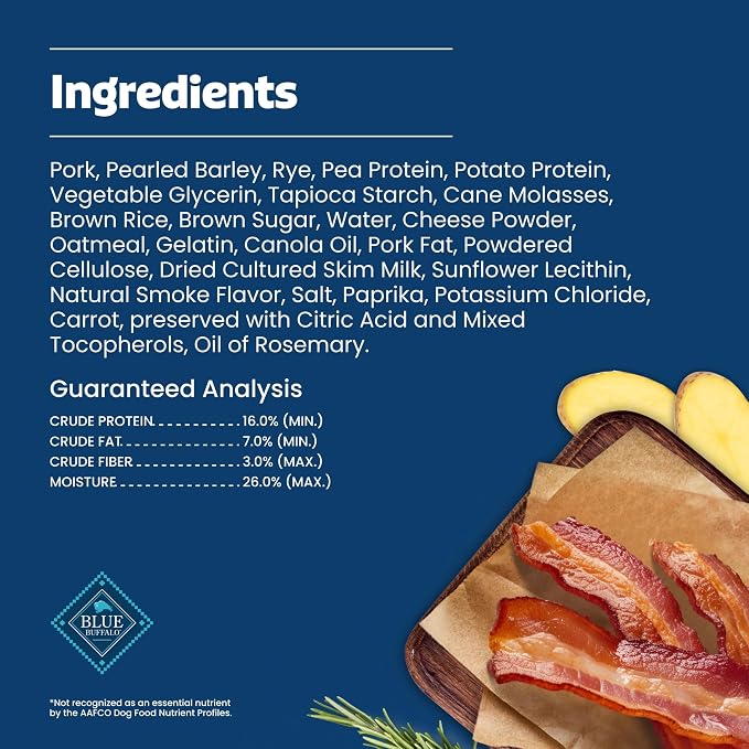 Blue Buffalo Sizzlers Pork Bacon-Style Dog Treats, 28 oz | Real USA Pork First, Soft & Chewy Texture, Tear for Portion Control, No Red 40, BHA, Corn, Wheat, or Soy