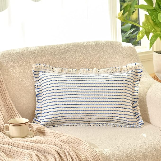 Throw Pillow Covers 12x20 Set of 2 Striped Pillow Covers with Fringe Chic Cotton Decorative Pillows Square Cushion Covers for Sofa Couch Bed Living Room Farmhouse Decor(Bright Blue)