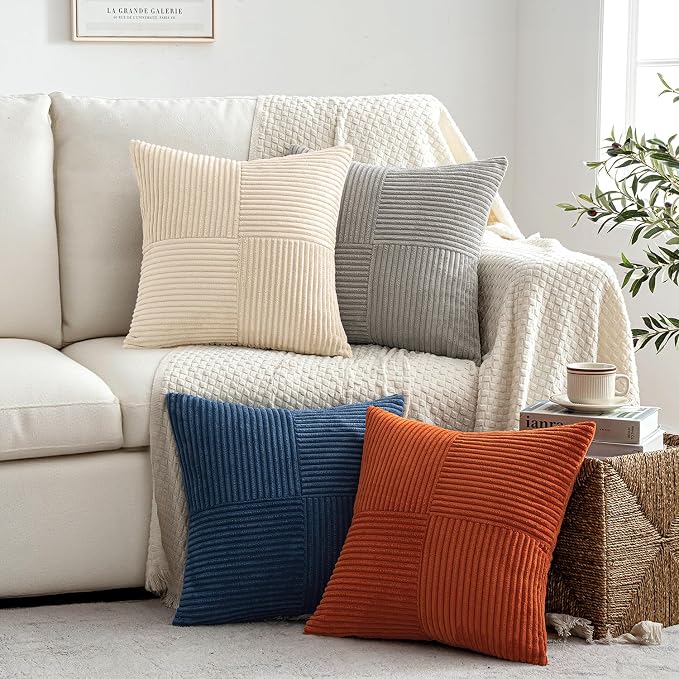 MIULEE Blue Rust Throw Pillow Covers 18x18 Inch Set of 4 Boho Farmhouse Cushion Cases Soft Corduroy Nordic Corduroy Pillow Cases Patchwork Home Decor for Couch Sofa Bedroom