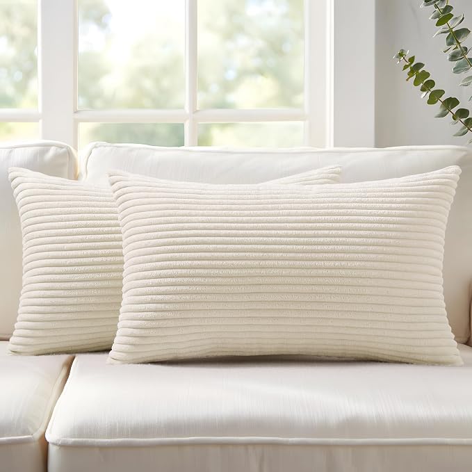 Mecatny Corduroy Fall Throw Pillow Covers 12x20 Set of 2 Cream White | Soft Striped Texture, Hidden Zipper Design, Neutral Boho Lumbar Pillow Cases for Sofa Couch Living Room Bedroom, Home Décor