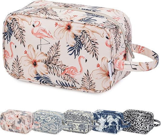 Narwey Travel Toiletry Bag for Women Traveling Dopp Kit Travel Bag for Toiletries Cosmetic Bag Makeup Bag Medicine Bag for Traveling (Beige Flamingo)