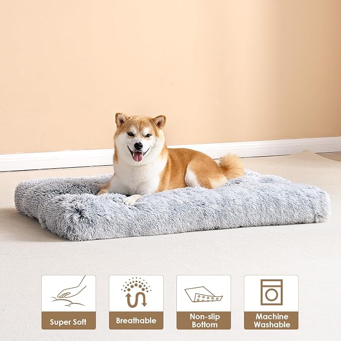 EHEYCIGA Fluffy Dog Crate Bed for Large Dogs, Plush Faux Fur Pad, Grey | Calming Anti Anxiety Large Dog Crate Bed, Washable Soft Warm Mat with Non-Slip Bottom