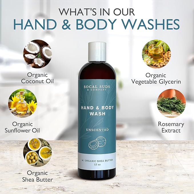 SoCal Suds & Company Organic Shea Butter Body Wash, 2-Pack – Fragrance-Free Liquid Castile Soap for Hand & Body, Moisturizing Plant-Based Organic Soap for Women, Men & Sensitive Skin (12oz Each)
