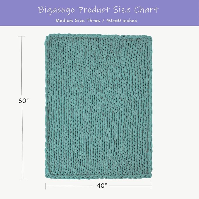 Bigacogo Chunky Knit Throw Blanket for Couch, 40x60 inches, Light Teal | Hand Knit with Jumbo Chenille, Soft Breathable Cable Knit for Sofa Bed Living Room, Machine Washable, Gift for Mom Friend