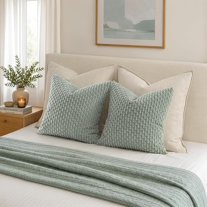 MIULEE Decorative Throw Pillow Covers 18x18 Greyish Green Textured Corduroy | Pack of 2 Striped Pillow Covers Modern Farmhouse Home Decor for Couch Bed Sofa Living Room