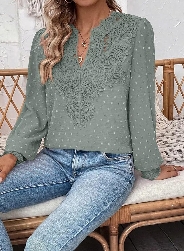 Womens Tops Swiss Dot Boho Long Sleeve Shirts V Neck Casual Chiffon Blouses Flowy Lace Hem Cute Clothing Trendy 2026