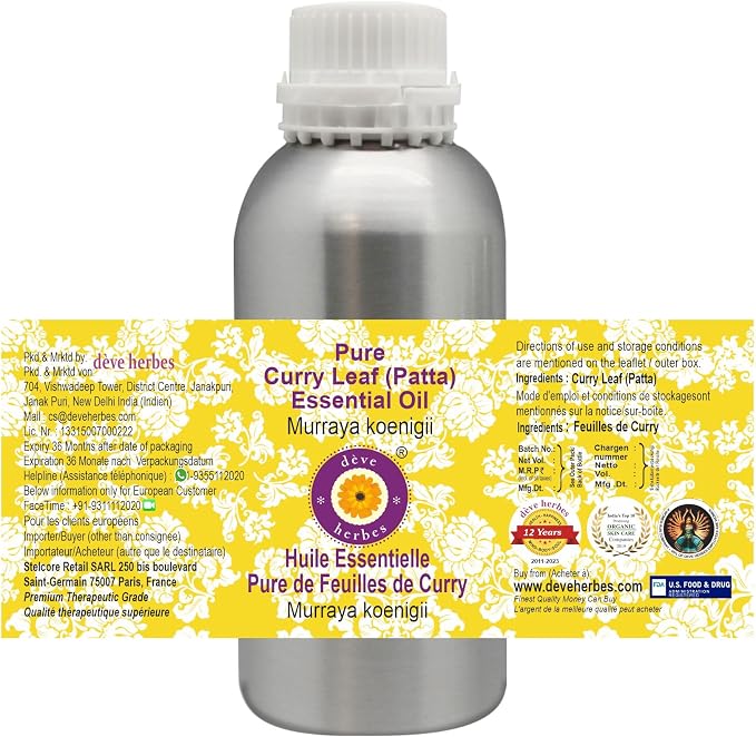 Deve Herbes Pure Curry Leaf (Patta) Essential Oil (Murraya koenigii) Steam Distilled 630ml (21 oz)