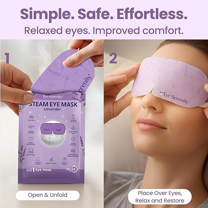 Eye Serenity Steam Eye Mask, Heated Eye Mask, Self Heating Warm Compress for Dry Eyes, Fast Relief for Stye, Puffy Sensitive Eyes, Moist Heat, Mothers Day Gifts for Women and Men - Lavender