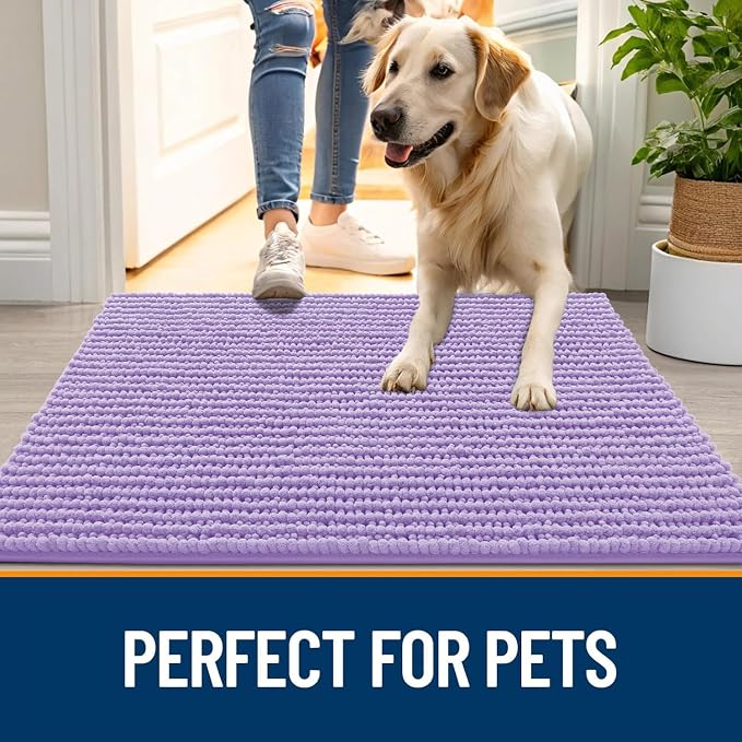 OLANLY Dog Door Mat for Muddy Paws 47x17, Extra Absorbent Chenille Mud Mat | Lavender, Absorbs Moisture and Dirt, Non-Slip Machine Washable Doormat, Quick-Drying Indoor Entryway Floor Mat for Dogs