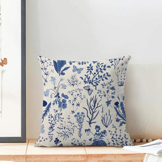 AEIOAE Summer Pillow Covers 20x20 Inch Set of 2,Navy Blue Wild Flower Plant Throw Pillows Case,Seasonal Floral Outdoor Decorative Square Linen Farmhouse Decor Cushion Covers for Home Couch Sofa Bed