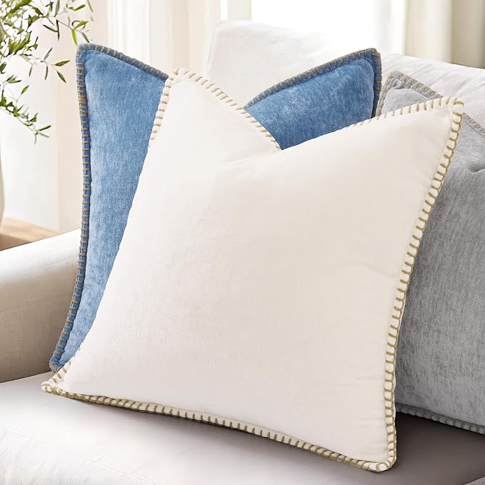 decorUhome Soft Chenille Throw Pillow Covers 16x16 Set of 2 Blue | Fall Textured Decorative Throw Pillow Cases Stitched Edge Modern Farmhouse Luxury Boho Velvet for Couch Sofa Bed Home Decor