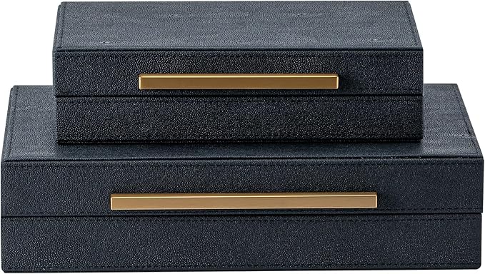 Set of 2 Black Shagreen Storage Boxes with Gold Metal Handles – Faux Leather Jewelry Organizer, Nesting Decorative Box for Photos, Memory Keepsake, Home & Office Decor