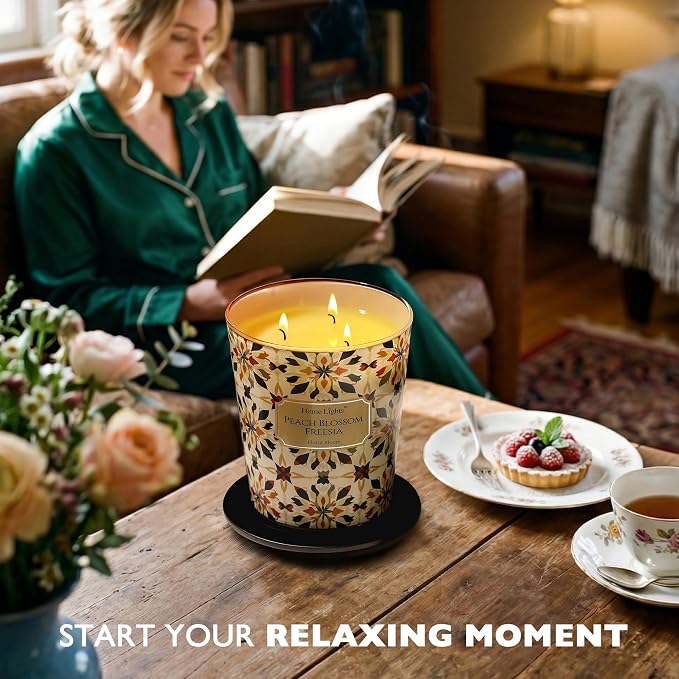 HomeLights 3-Wick Candles for Home Scented - 34oz Soy Wax Blend Candle Long-Lasting Fragrance, Bohemian Natural Textures Home Decor and Housewarming Gifts, Peach Blossom Freesia