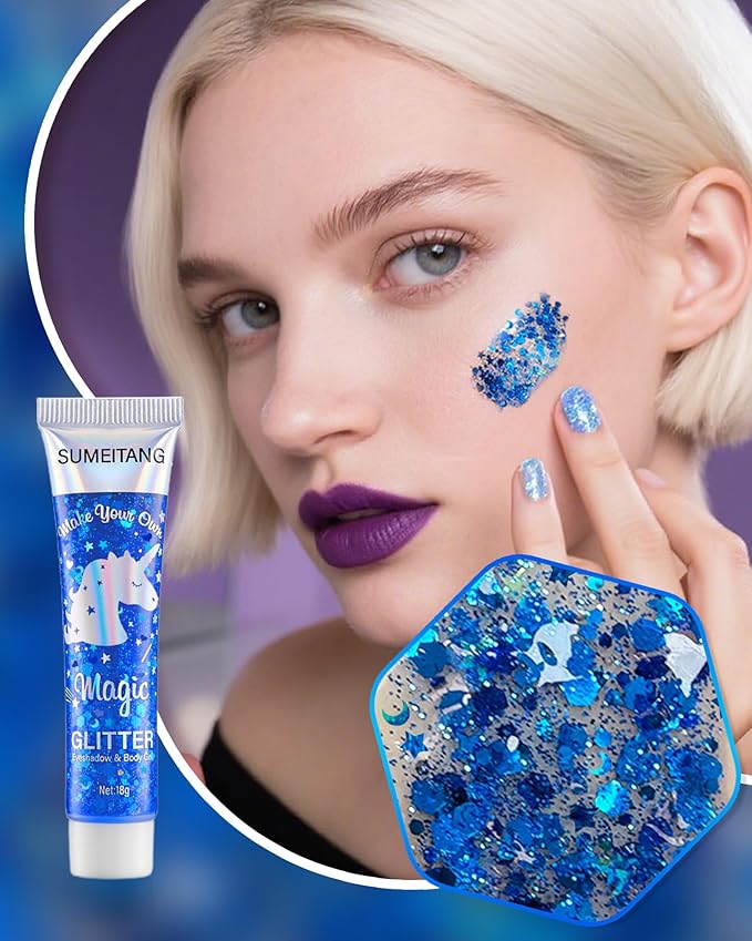 6PCS Blue Face Body Glitter Gel，Holographic Chunky Sequins Body Glitter Paint for Party Singer Concerts Music Festival Rave Accessories for Girls Women Face Body DIY Sparkling Makeup