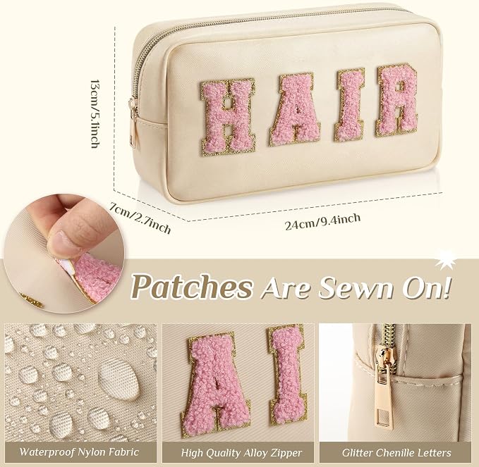Preppy Makeup Bags Chenille Letter Stuff Bag Nylon Cosmetic Pouch Cases with Zipper for Women Travel Toiletry(Cream Color,Classic,2 Pcs)