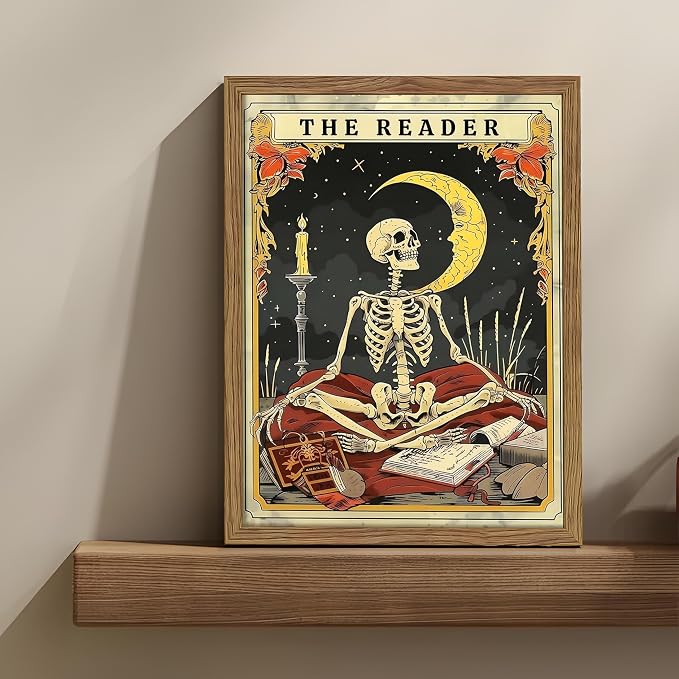 Framed The Reader Tarot Canvas Wall Art, Skeleton Reader Tarot Card Pictures Wall Decor, Bookish Witchy Library Poster Print Artwork for Witchy Reading Nook Book Lover Gift 12x16 inch