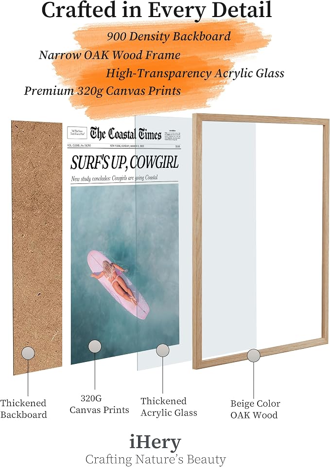 iHery Small 8x10in Surf’s Up Cowgirl Framed Newspaper Wall Art | Natural OAK Wood Frame with Canvas Print, Coastal Western Decor for Bedroom, Girl Dorm, Living Room and Bar Cart, 1Pack