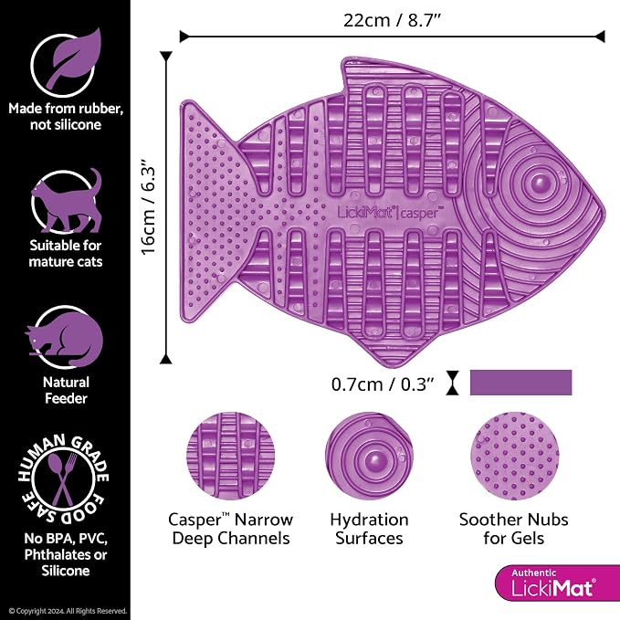 LickiMat Casper, Fish-Shaped Cat Slow Feeders Lick Mat, Boredom Anxiety Reducer; Perfect for Food, Treats, Yogurt, or Peanut Butter. Fun Alternative to a Slow Feed Cat Bowl or Dish, Purple