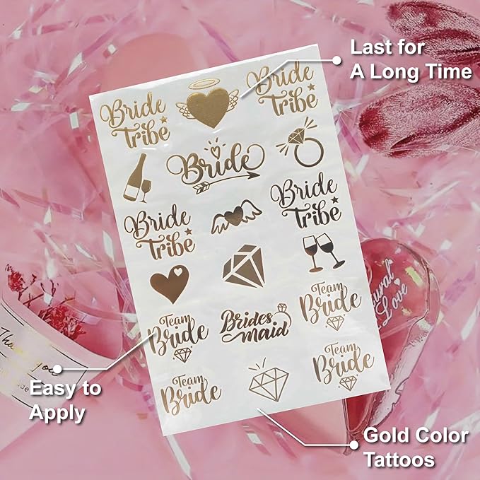 Bride's Babes Bachelorette Temporary Tattoos, Bride Tribe Cheers Gold Metallic Tattoos for Bachelorette Party Bridesmaid Favors Decorations(Bride to be)