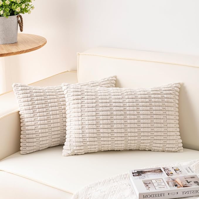 Pack of 2 Corduroy Decorative Throw Pillow Covers 12x20 Inch, Cream White | Fall Soft Striped Pillow Covers Modern Farmhouse Home Decor Christmas Throw Pillow Covers for Sofa Living Room Couch Bed