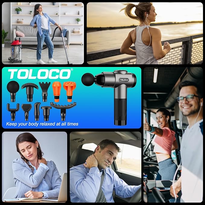 TOLOCO Massage Gun, Deep Tissue Back Massage for Athletes for Pain Relief, Percussion Massager with 10 Massages Heads & Silent Brushless Motor, Christmas Gifts for Women, Men, Grey