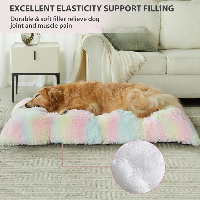 BFPETHOME Dog Beds for Large Dogs, Plush Dog Crate Bed Fluffy Cozy Kennel Pad for Sleeping &Ease Anxiety, Washable Pet Mats with Anti-Slip Bottom for Large Medium Dogs, Pet Bed, Rainbow