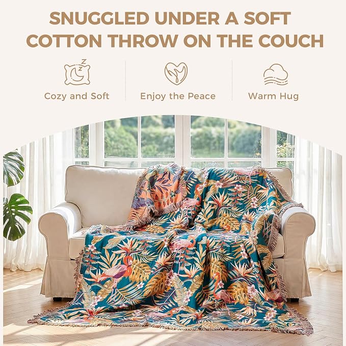 LUTBM Boho Throw Blanket for Bed 60"x80", All Season Cotton Couch Blankets | Reversible Leaves Birds Jacquard, All-Season Twin Lightweight Breathable Quilt, For Chair Sofa Bedroom Living Room