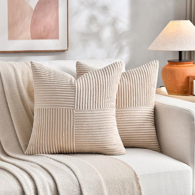 Fancy Homi Tan Euro Decorative Throw Pillow Covers 26x26 Inch for Living Room Couch Bed, Farmhouse Boho Home Decor, Soft Corss Corduroy Patchwork Textured Square Beige Cushion Case 66x66 cm
