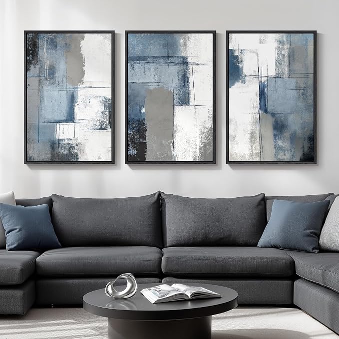 Large Framed Blue and Grey Abstract Wall Art, 3 Piece Modern Canvas Prints Paintings Artwork for Walls, Minimalist Abstract Block Pictures for Living Room Entryway Hallway Bedroom Wall Decor 20x30 In