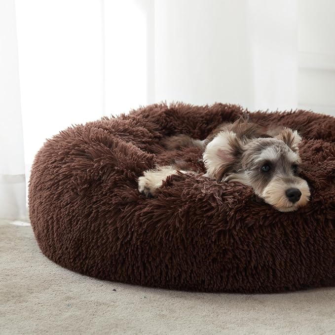 Calming Dog Bed & Cat Bed, Anti-Anxiety Donut Dog Cuddler Bed, Warming Cozy Soft Dog Round Bed, Fluffy Faux Fur Plush Dog Cat Cushion Bed for Small Medium Dogs and Cats | Fluffy Faux Fur Round Cuddler,Anti-Anxiety,Anti-Slip Bottom,Plush Pet Dog Beds fo...