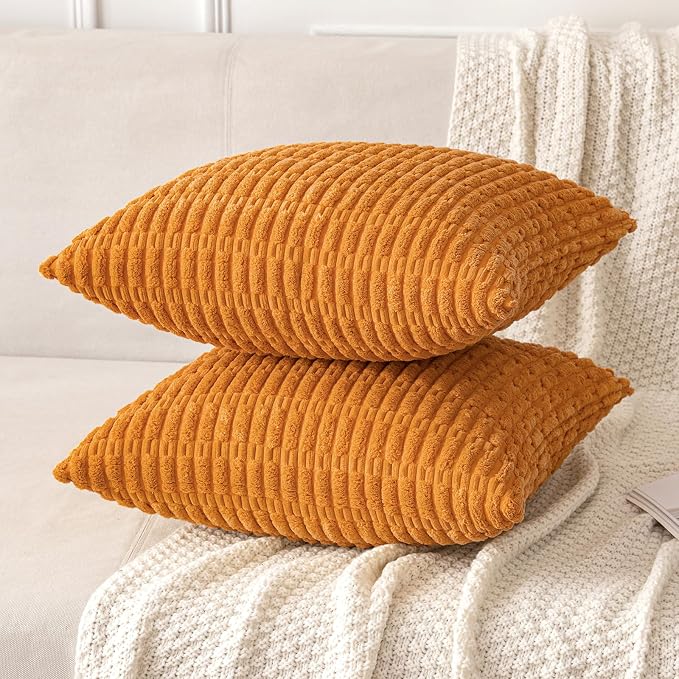 MIULEE Fall Decorative Throw Pillow Covers 20x20 Burnt Orange Pack of 2 | Soft Corduroy Boho Striped Pillow Covers Modern Farmhouse Autumn Home Decor For Sofa Living Room Couch Bed