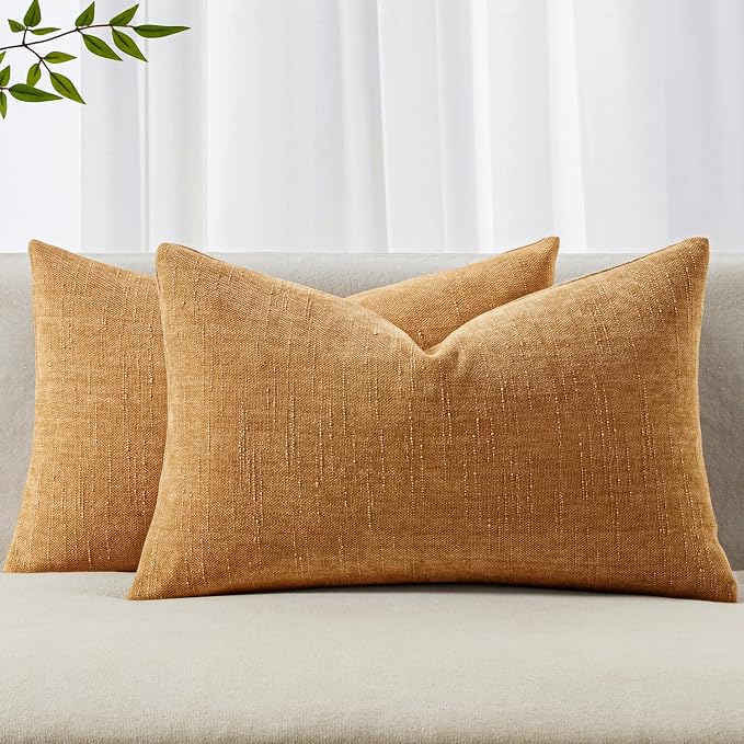 MIULEE 12x20 Inch Lumbar Textured Chenille Throw Pillow Covers Golden Brown | Pack of 2 Decorative Soft Throw Pillows, Solid Textured Cushion Covers, Modern Home Decor for Couch Sofa Bedroom Living Room