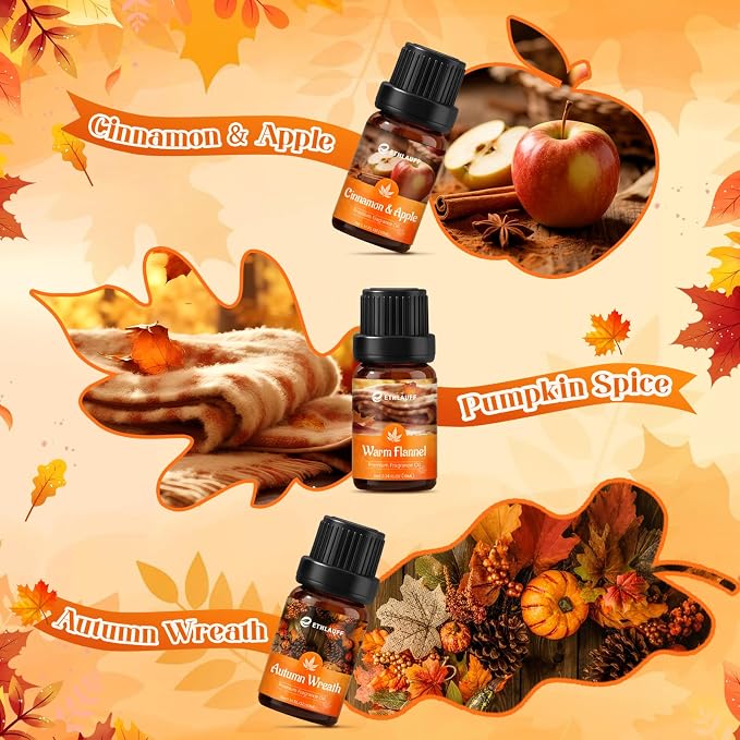 Fragrance Oil Autumn Set,Fall Essential Oils, Pumpkin Spice,Cinnamon & Apple,Fireplace, Autumn Wreath, Warm Flannel, Fall Scents for Diffuser, Candles Making Scent