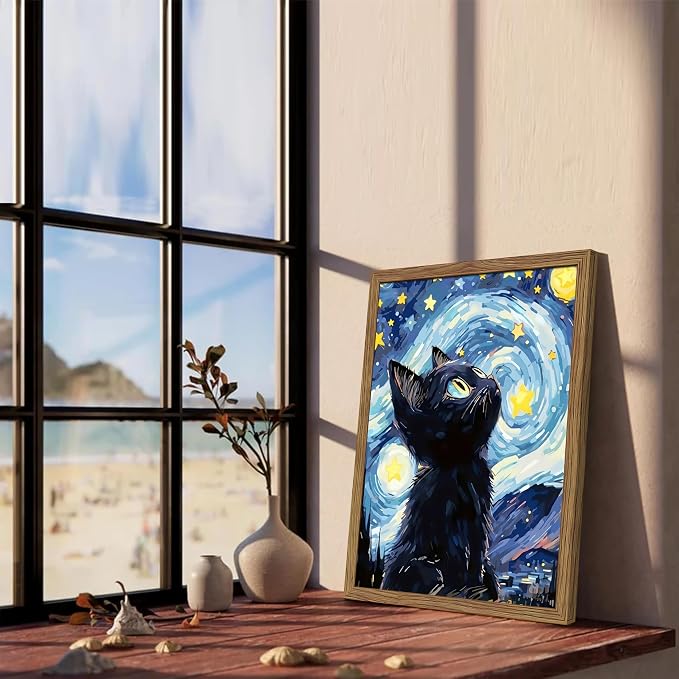 Framed Black Cat Wall Art, Van Gogh Starry Night Canvas Wall Decor, Cute Cat Animal Poster Print Picture, Impressionist Artwork Oil Painting for Bedroom Living Room Nursery 16x24 Inch
