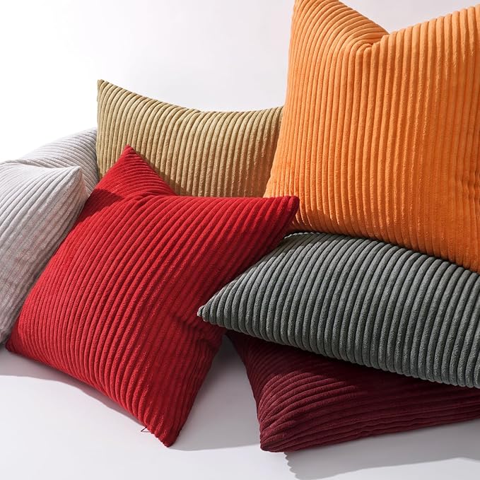 MIULEE Soft Corduroy Throw Pillow Covers Set of 2 18x18 Christmas Red | Decorative Striped Textured Cushion Cases, Boho Energetic Vibe Pillowcases, Home Decor for Couch Chair Sofa Bed Living Room
