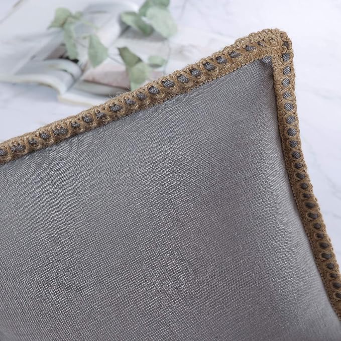 Phantoscope Farmhouse Solid Throw Decorative Pillow Cover Burlap Linen Trimmed Tailored Edges Outdoor Pillow Grey 12 x 20 inches, 30 x 50 cm