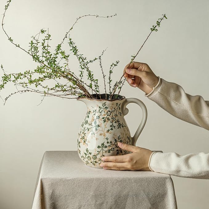 Ceramic Flower Vase for Home Decor, Vintage Green Pitcher Vase 8 Inch | Rustic Farmhouse Floral Vase for Kitchen, Coffee Table, Living Room, Mantel, Bookshelf, Entryway, Wedding Centerpiece